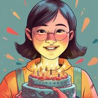 uma menina é segurando uma bolo enquanto a comemorar uma aniversário, desenho animado ilustração com generativo ai foto