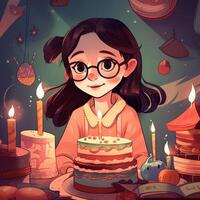 uma menina é segurando uma bolo enquanto a comemorar uma aniversário, desenho animado ilustração com generativo ai foto