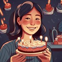 uma menina é segurando uma bolo enquanto a comemorar uma aniversário, desenho animado ilustração com generativo ai foto