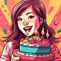 uma menina é segurando uma bolo enquanto a comemorar uma aniversário, desenho animado ilustração com generativo ai foto