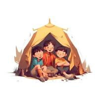 crianças com uma acampamento cadeira e barraca, desenho animado ilustração com generativo ai foto