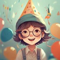 uma criança com óculos e uma chapéu é a comemorar dela aniversário, desenho animado ilustração com generativo ai foto