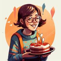 uma menina é segurando uma bolo enquanto a comemorar uma aniversário, desenho animado ilustração com generativo ai foto