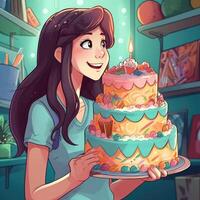 uma menina é segurando uma bolo enquanto a comemorar uma aniversário, desenho animado ilustração com generativo ai foto