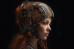 uma fêmea humano cyborg retrato 1000 anos dentro a futuro criada com generativo ai tecnologia. foto