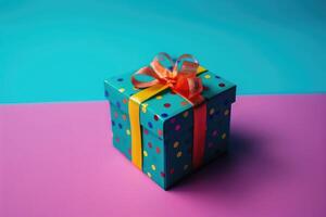 uma lindo aniversário presente caixa em uma colorida fundo criada com generativo ai tecnologia. foto