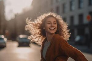 uma feliz mulher corre por aí dançando dentro uma moderno cidade criada com generativo ai tecnologia. foto