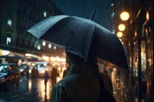 uma jovem mulher com a guarda-chuva visto a partir de atrás anda em dentro uma moderno cidade às noite e pesado chuva criada com generativo ai tecnologia. foto