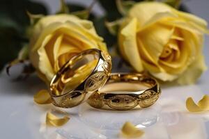 dois Casamento argolas fez do ouro em uma luz superfície com alguns rosas criada com generativo ai tecnologia. foto