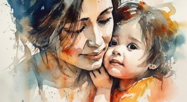 uma aguarela desenhando do uma uma mãe e criança junto, ilustração com generativo ai foto