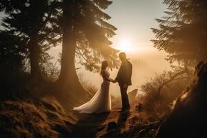 Casamento silhueta casal posando em pôr do sol dentro lindo floresta às Casamento dia. noiva e noivo dentro amar. inexistente pessoa. generativo ai. foto