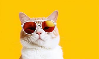 retrato do engraçado gato vestindo oculos de sol em amarelo fundo foto