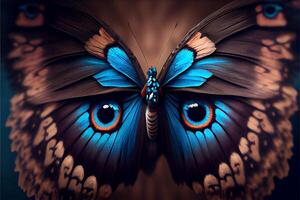 borboleta, colorida desenhando em a asas dentro a Formato do animal olhos. generativo ai foto