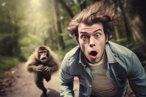assustado homem selfie com macaco. gerar ai foto