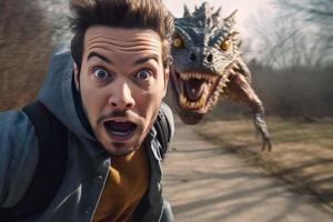 assustado homem faço selfie com monstro. gerar ai foto