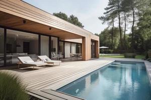 moderno madeira terraço piscina. gerar ai foto