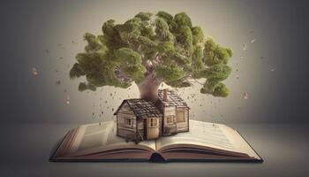 uma casa da árvore construído por aí uma gigante livro. generativo ai foto