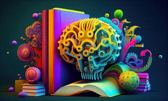 livro e cérebro - moderno idéia e conceito ilustração negócios. idéia conceito com a aberto livro, cérebro, e livro em uma verde background.generative ai foto