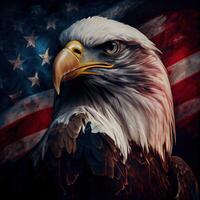 Águia e EUA bandeira nacional poster. americano Careca Águia - uma símbolo do América com bandeira. Careca Águia em americano bandeira fundo criada. generativo ai foto