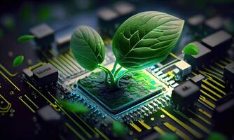 crescendo árvore em a convergindo ponto do um computador o circuito borda. natureza com digital convergência e tecnológica convergência. verde Informática, verde tecnologia, verde isto, RSC, generativo ai foto