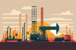 ilustração óleo e gás plantar com Remessa Carregando doca às crepúsculo.processamento óleo produtos construção do químico petróleo fábrica, pesado industrial setor. generativo ai foto