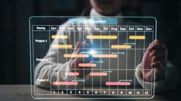 projeto Gerente trabalhando em futurista virtual interface tela. e atualizando tarefas e Milestones progresso planejamento com Gantt gráfico agendamento interface. o negócio projeto gestão sistema. foto