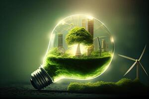 de Meio Ambiente proteção, renovável, sustentável energia fontes. a verde mundo mapa é em uma luz lâmpada este representa verde energia renovável energia este é importante para a mundo. generativo ai foto