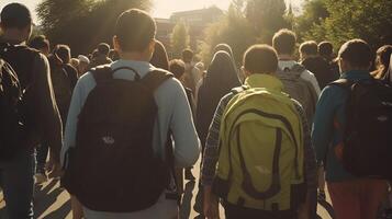 deslocado e determinado refugiados em uma grandes e incerto jornada. generativo ai foto