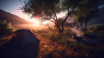 alvorecer dentro a selvagem acampamento às nascer do sol. generativo ai foto