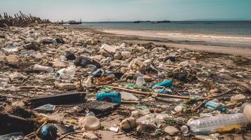 de praia sobrecarregado de lixo e plástico desperdício. generativo ai foto