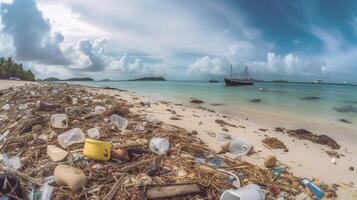 de praia sobrecarregado de lixo e plástico desperdício. generativo ai foto