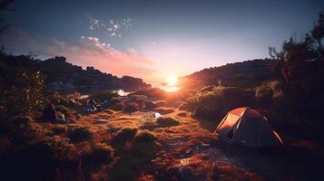 alvorecer dentro a selvagem acampamento às nascer do sol. generativo ai foto