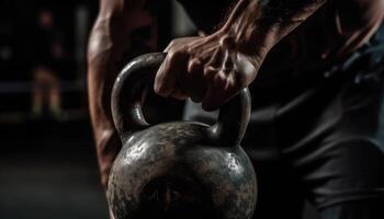 fechar-se foto do a atleta fazendo kettlebell balanços com uma kettlebell dentro mão. generativo ai