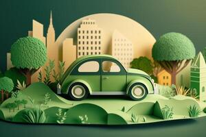 eco amigáveis carro com paisagem urbana papel cortar estilo, renovável e sustentável energia conceito. generativo ai foto