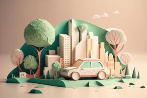 eco amigáveis carro com paisagem urbana papel cortar estilo, renovável e sustentável energia conceito. generativo ai foto