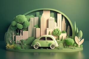 eco amigáveis carro com paisagem urbana papel cortar estilo, renovável e sustentável energia conceito. generativo ai foto