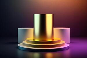 realista 3d cilindro com uma colorida néon luz pódio para produtos mostrar. ai gerado foto