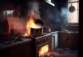 fogão aceso dentro a moderno cozinha durante culinária, fumaça e fuligem em volta, fogo às lar. gerar ai foto