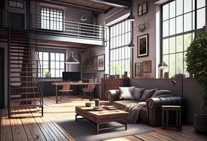 vivo quarto loft dentro industrial estilo ,3d renderizar. gerar ai. foto