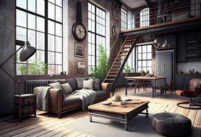 vivo quarto loft dentro industrial estilo ,3d renderizar. gerar ai. foto