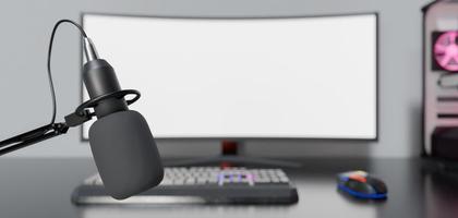 close-up do microfone de estúdio com mesa e computador de jogos fora de foco atrás, renderização em 3D foto