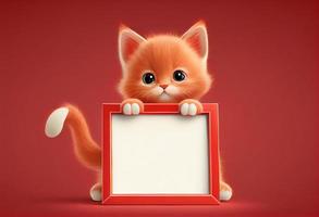 fofa vermelho gatinho segurando uma em branco quadro, Armação com cópia de espaço em uma gradiente fundo. gerar ai. foto