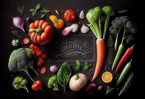 fresco delicioso ingredientes do orgânico Comida para saudável cozinhando , fresco agricultor legumes em uma Preto quadro-negro fundo. gerar ai foto