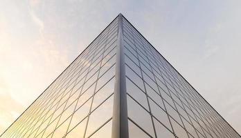 canto superior de um prédio cheio de janelas refletindo o pôr do sol, renderização 3D foto