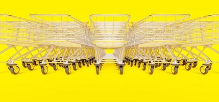 close-up da fileira de carrinhos de compras empilhados em fundo amarelo, renderização 3D foto