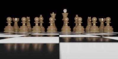 vista frontal de peças de xadrez de madeira marrom no tabuleiro de xadrez e fundo preto, renderização 3D foto