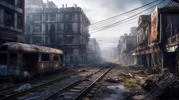 Pós-apocalíptico arruinado cidade. destruído edifícios, queimado veículos e arruinado estradas. ai generativo foto
