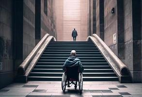 homem dentro uma cadeira de rodas com uma Escadaria dentro a fundo. gerar ai. foto