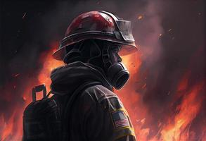 bombeiro visto a partir de atrás com uma grande fogo dentro a fundo. gerar ai. foto