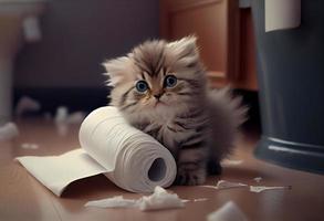 fofa gatinho dentro a banheiro rasgou uma pilha do banheiro papel em a chão. gerar ai. foto